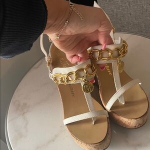 Juicy Couture White Wedge Sandals with Gold Chain Trim